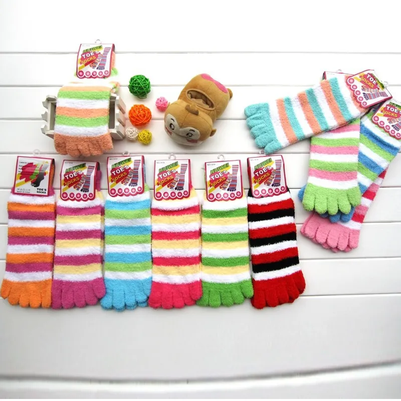 Fuzzy Five Toe Socks Women Warm Socks Striped Christmas Sock