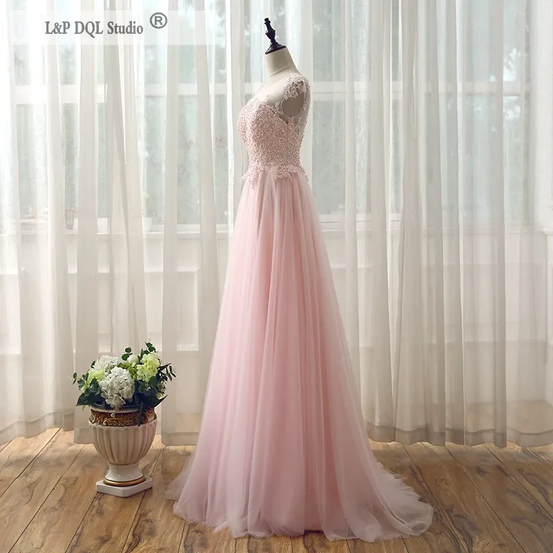 Pale Pink Evening Dresses Sexy Illusion Sheer with Applique Pearls Long Zipper Back Prom Dresses Party Gowns Cheap