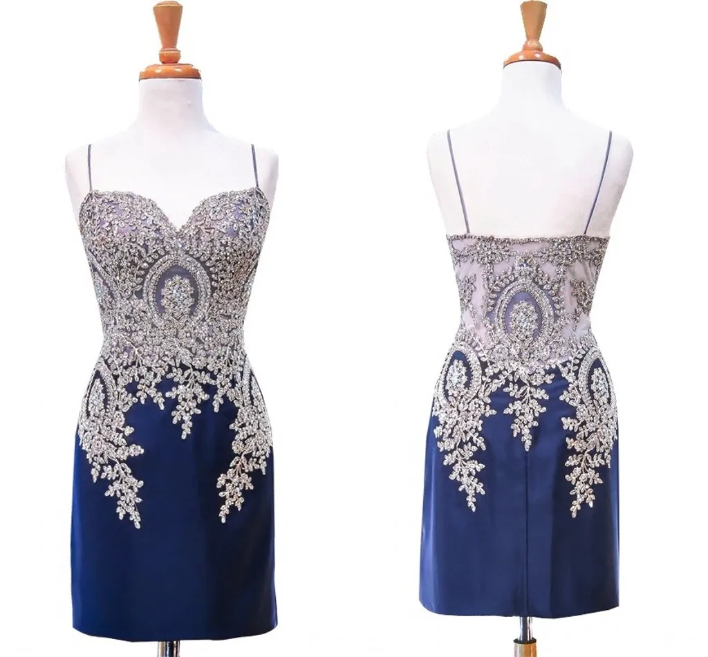 Navy 2018 Cocktail Dress Short With Spaghetti straps Gold Applique Lace Beaded Satin Mini Prom Homecoming Party Dress