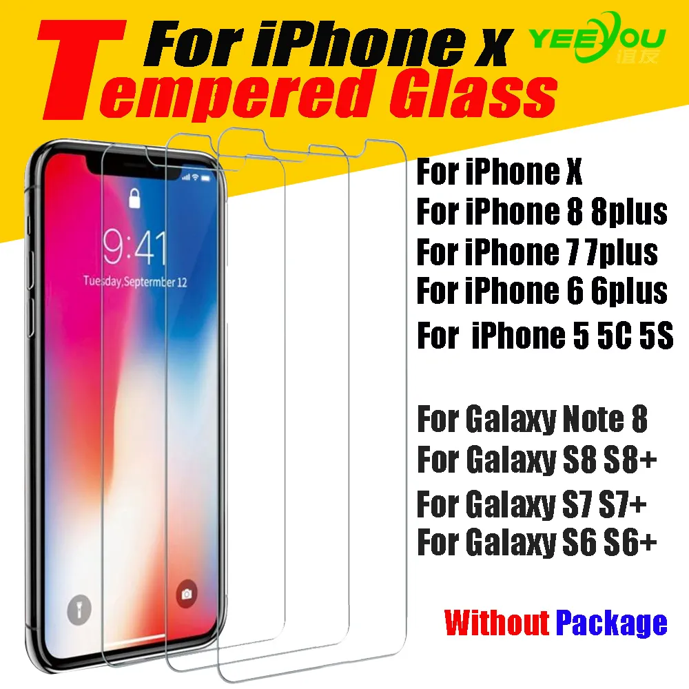 IPhone X 8 8 Artı 6 S Temperli Cam Ekran Koruyucu için Samsung S6 kenar S8 Not Pakcage Olmadan 8 temizle filmi koruma