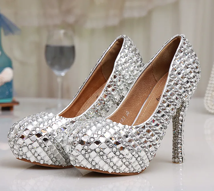 Womens Hoge Hak Glitter Crystal Platforms Trouwschoenen Diamant Jeweled Silver Bridal Shoes 12cm Assepoester Prom Avondpompen