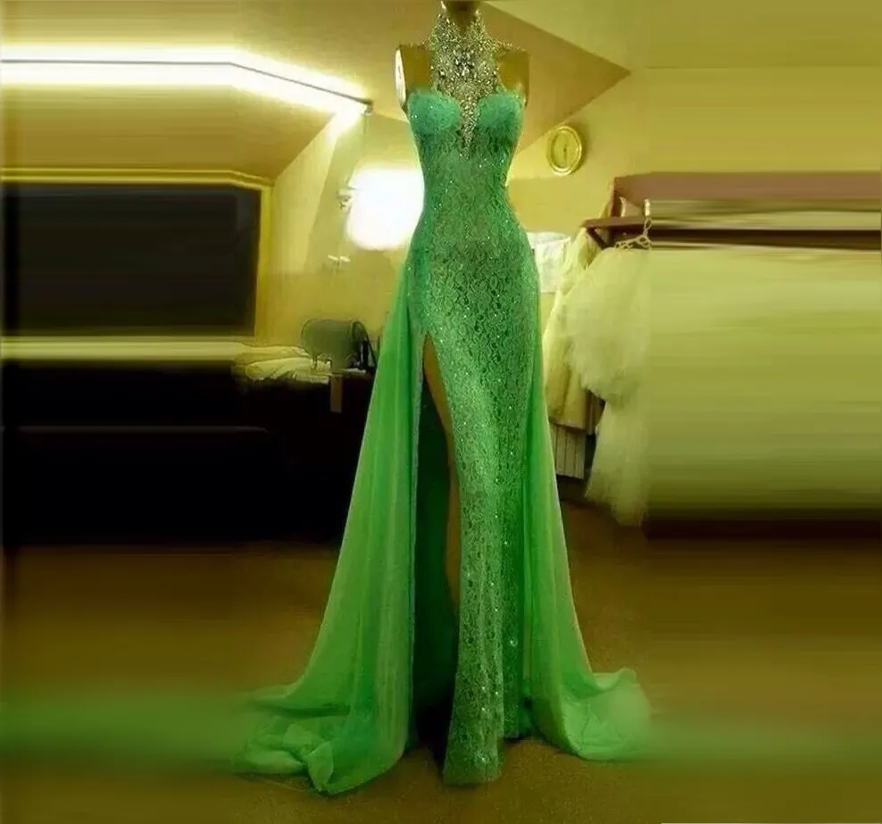 Robe de soirée en dentelle vert menthe scintillante devant cristaux séparés avec strass sirène de bal robes de soirée à col haut Halter Sexy Robe habillée
