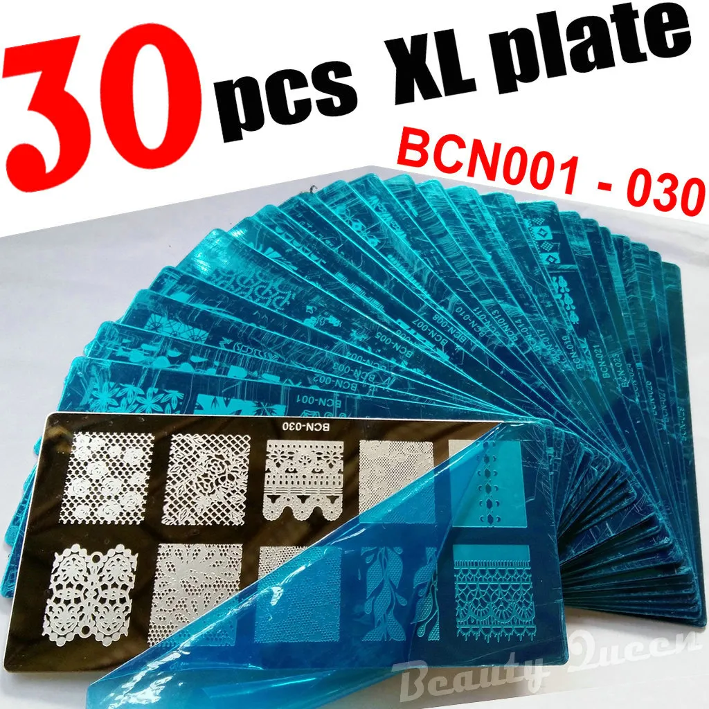 NOVO 30 pcs XL COMPLETO Placa de Carimbo de Estampagem de Pregos Imagem Completa Imagem de Transferência de Estêncil Disco Polonês Modelo de Impressão BCN01-BCN30