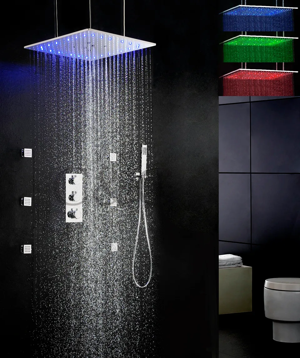 Juego de grifo de ducha de baño termostático, cabezal de ducha sensible a la temperatura LED de 20 pulgadas, lavado y lluvia, 009-20QL-F