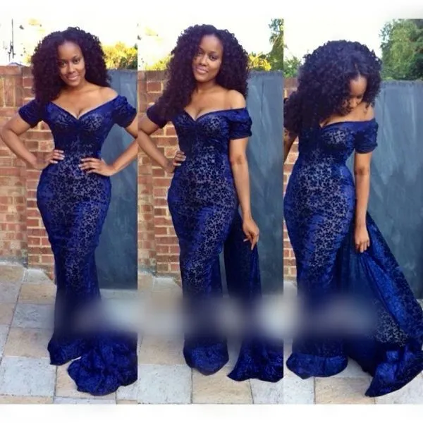 Aso Ebi Robes De Soirée Royal Bleu Sirène Style Cap Manches Col En V Sexy Dentelle Robe De Bal Voir À Travers Balayage Train 2016 Aso Robes