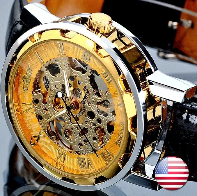 Mode winnaar zwart lederen band roestvrij staal skelet mechanisch horloge voor mannen goud mechanisch polshorloge