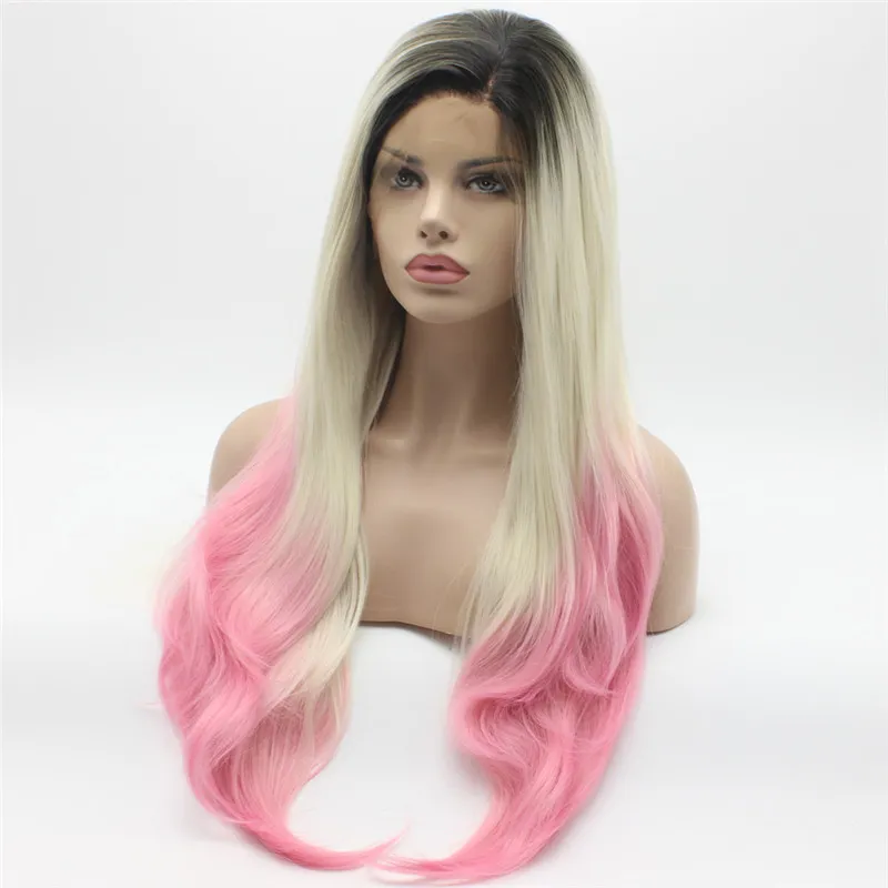 Iwona Włosy proste Extra długie ciemne źródło światła Blond Pink Ombre Peruka 22#1/60/3100B W połowie ręcznie związane ciepło odporne na syntetyczne koronkowe peruki