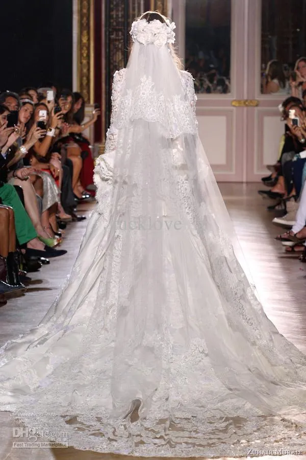 Luxry Zuhair Murad 2 Tiers Long 3 M 대성당 레이스 가장자리 신부 Mantilla 웨딩 베일 무료 빗