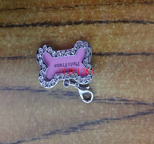 32x20mm Pet Collar ID Tag Dog Name Tag Rhinestone Bone Shaped Doggie Puppy Crystal Photo Frame