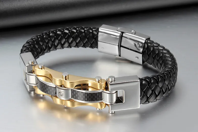 Hiphop Style Brand New High Grade Alta qualità Heavy True Leather 316L Stainless Steel CZ Mens Chain Bracelet Bnagle 8.8 ''