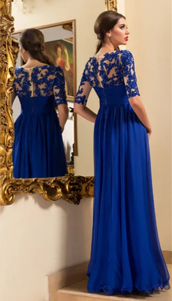 A-Line Empire Royal Blue Suknie Wieczorowe Kryształ Zroszony Pół Rękawy Szyfonowa Prom Suknie Długość podłogi Illusion Lace Appliqued Formalne sukienki