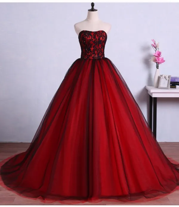 2019 Red and Black Ball Gown Prom Dress Sweetheart Sleeveless Beads Lace Corset Lace-up Back Tulle Evening Party Gowns Custom Made