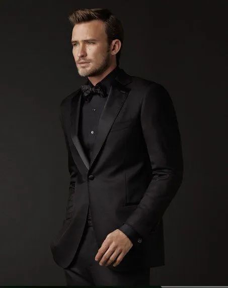 2015 Slim Fit esmoquin negro esmoquin un botón por encargo trajes de boda muesca solapa del baile formal trajes de la ocasión (chaqueta + pantalones + pajarita)