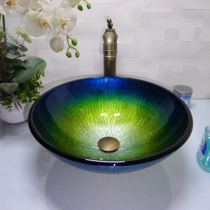 Bathroom tempered glass sink handcraft counter top round basin wash basins cloakroom shampoo vessel bowl HX012