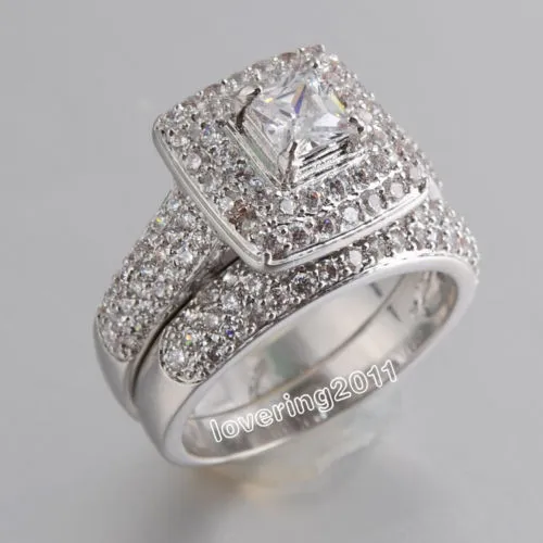 Tamanho 5 6 7 8 9 10 Jóias corte princesa 14kt ouro branco preenchido com topázio completo Gem simulado diamante Mulheres conjunto de anel de noivado de casamento g242y