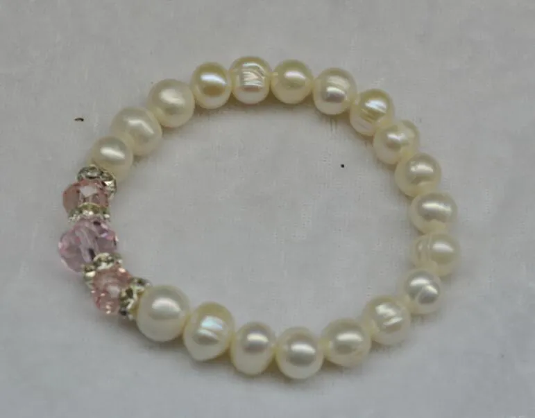 7-8mm 100% ren naturlig färskvatten Oyster Pearls Crystal Armband Charm Elastisk Force Pearl Smycken Bröllop Pearl Armband