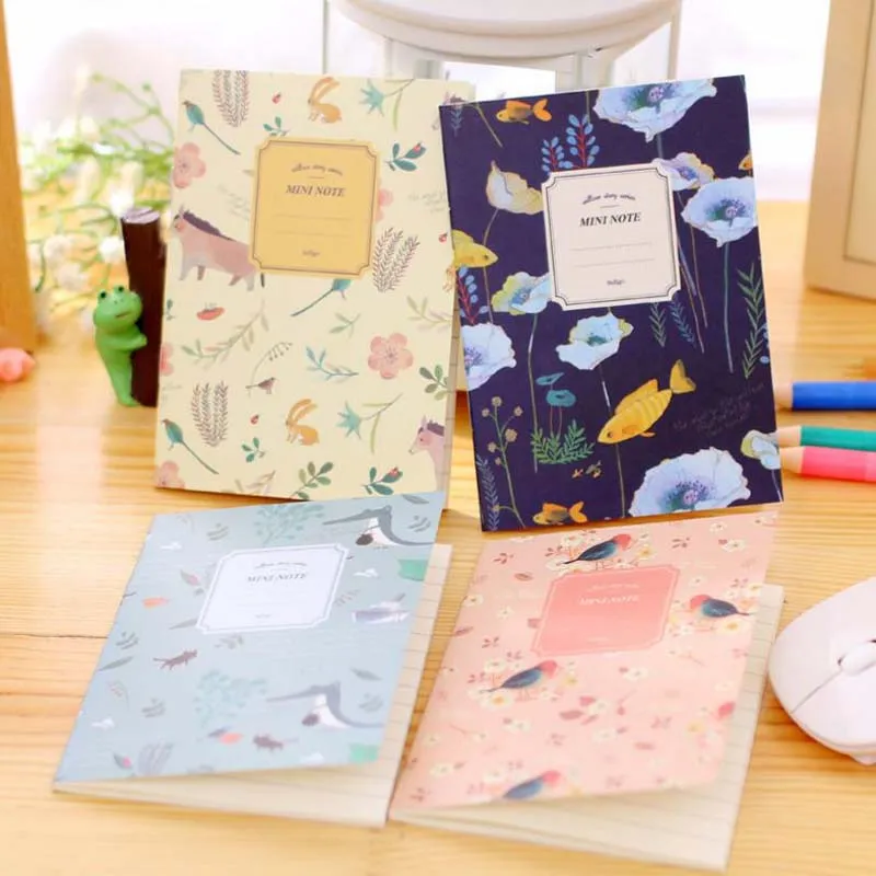 4 sztuk / zestaw Kawaii Cute Flowers Ptaki Zwierząt Notebook Paint of Diary Book Journal Record Office School Supplies