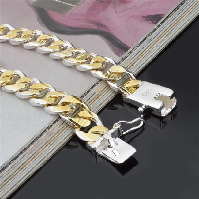 Pulsera de cadena Figaro de plata 925 de alta calidad, joyería de moda dorada de 10 MM X 20 CM para hombres, envío gratis
