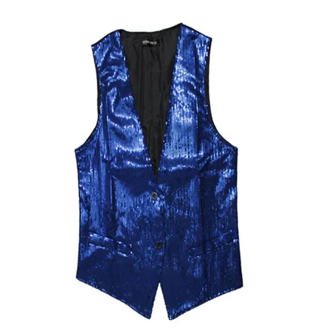 Mannen vest zwart blauw casual pakken v-hals mouwloze slanke pailletten DJ fase vest nachtclub bar vest mannen kleding Azië maat M-3XL