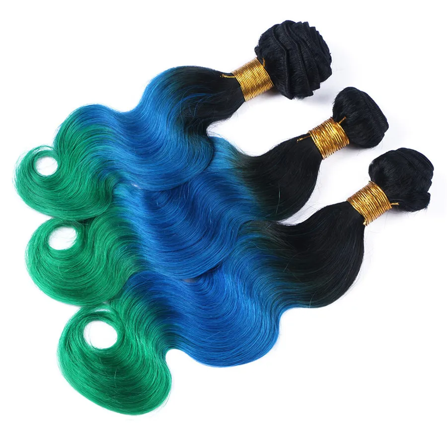 ombre color unprocessed european hair color products 1b Blue Green Three Tone Russian Virgin Human Hair Bundles With Lace Closure 4*4