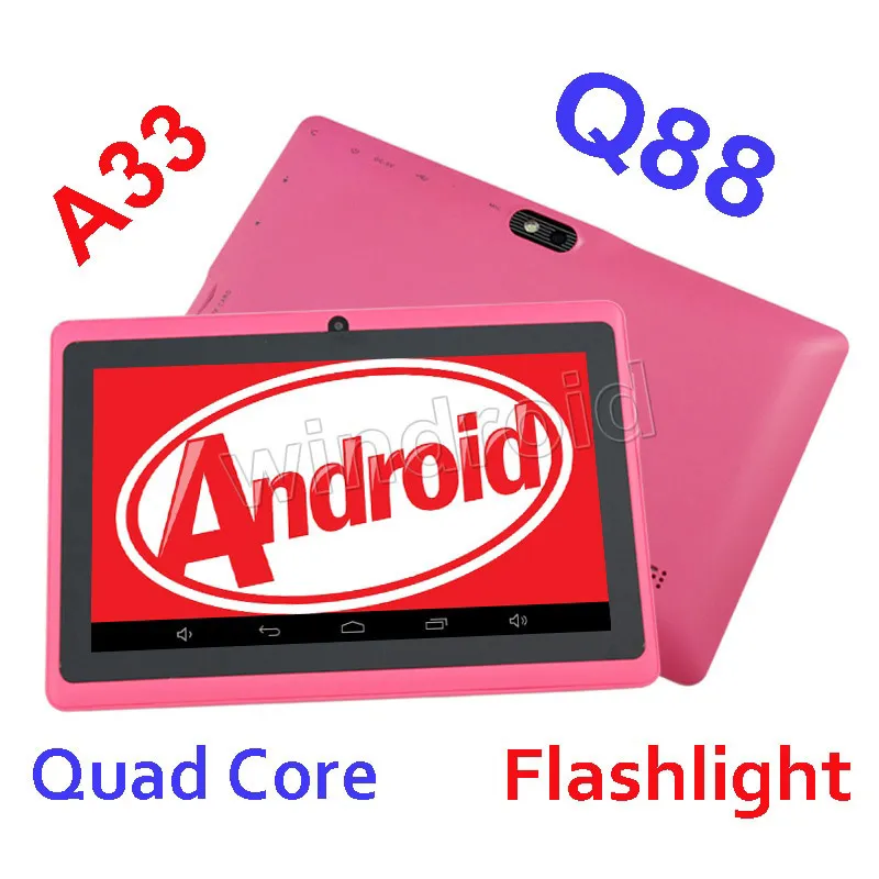 Q88 Allwinner A33クワッドコア7 "インチタブレットPCの容量性Android 4.4 512MB 4GB WiFiカメラフラッシュライト無料配送