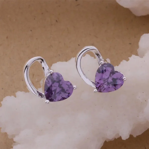 Mode fabricant de bijoux 40 pièces par boucles d'oreilles en diamant gros coeur violet 925 usine de bijoux en argent sterling boucles d'oreilles Fashion Shine