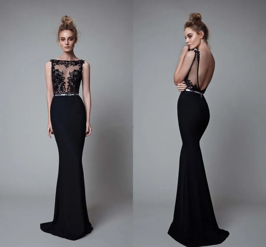 Berta Black Mermaid Prom Klänningar Bateau Neck Illusion Bodice Ärmlös Appliques Backless Evening Gowns Sexig formell klänning