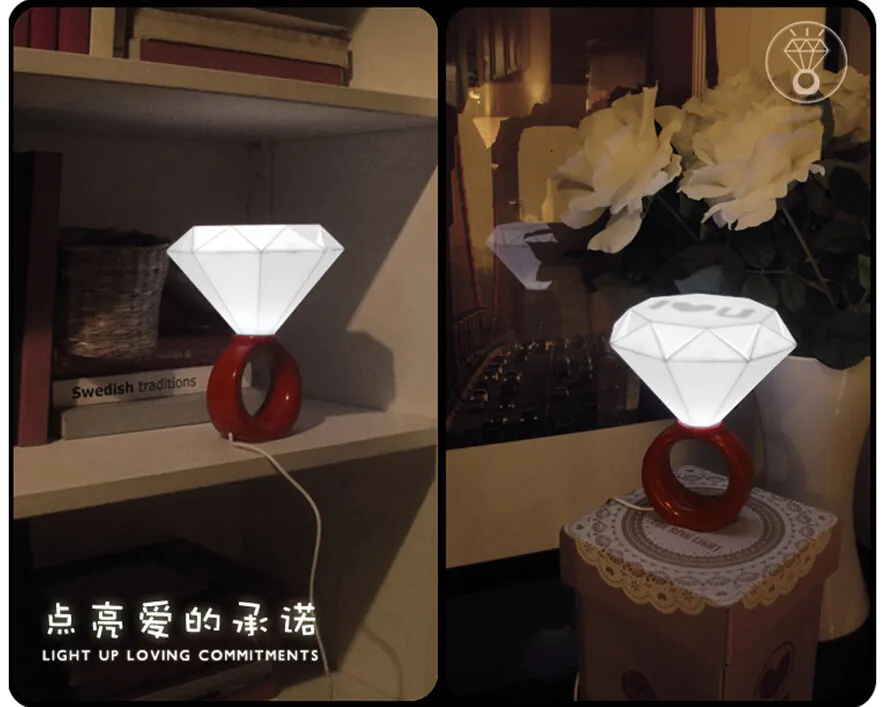 Casais românticos LED luz do anel Nightlight, idéias do presente do Dia dos Namorados luzes de diamante, USB \ lâmpada com adaptador de energia