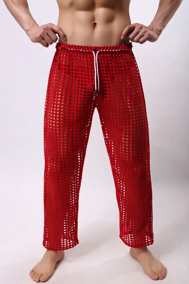 Sexiga herrbyxor Sleepwear Se genom Big Mesh Lounge Pyjamas Bottoms Loose Trousers Low Rise Male Sexy Wear313C