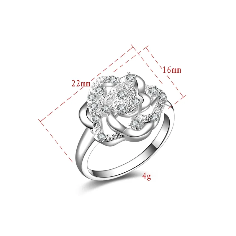 New 925 Sterling Silver fashion jewelry Rose Flower White Diamond With Pave zircon ring hot sell girl gift 1726
