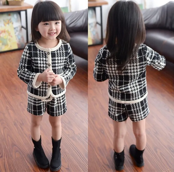 Alto Bebê Bonito Meninas Houndstooth Cardigan Curto Dois Peças Suits Roupas De Roupas Conjuntos Meninas Boutique Roupas Crianças Crianças Roupas