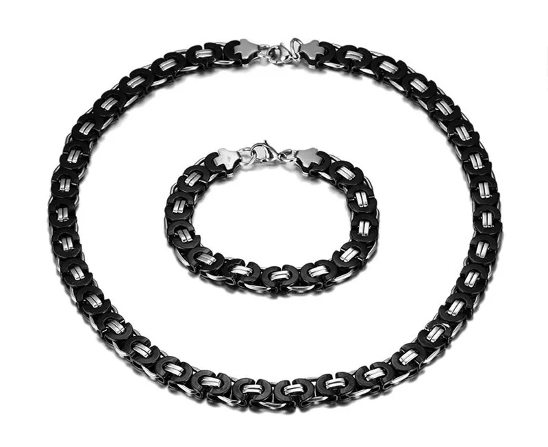 Newest Women Men 8mm/11mm Wide Silver Black Stainless Steel Fashion Flat Byzantine Link Chain Necklace Bracelet one Jewelry Set