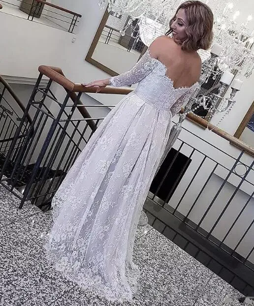 Retro Koronki Wysokie Niskie Suknie Ślubne 2018 Off The Ramię Długie Rękawy Suknie Ślubne Niski Back Beach Wedding Vestidos Tanie Custom Made