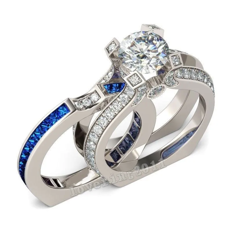 Anel nupcial conjunto rodada corte 925 prata superior venda espumante jóias Ametista CZ diamante Woemen anel de casamento conjunto para presente dos amantes