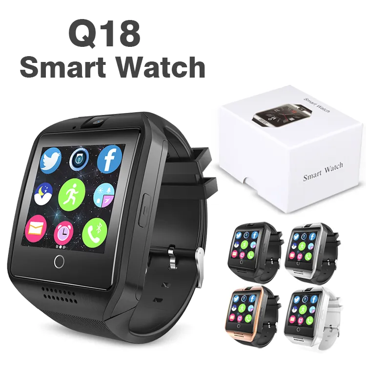 Q18 Smart Watch Bluetooth Smartwatch för Android -mobiltelefoner Stöd SIM -kortkamera Svar Call och ställ in olika språk 1,44 tum smarta klockor i detaljhandelslådan