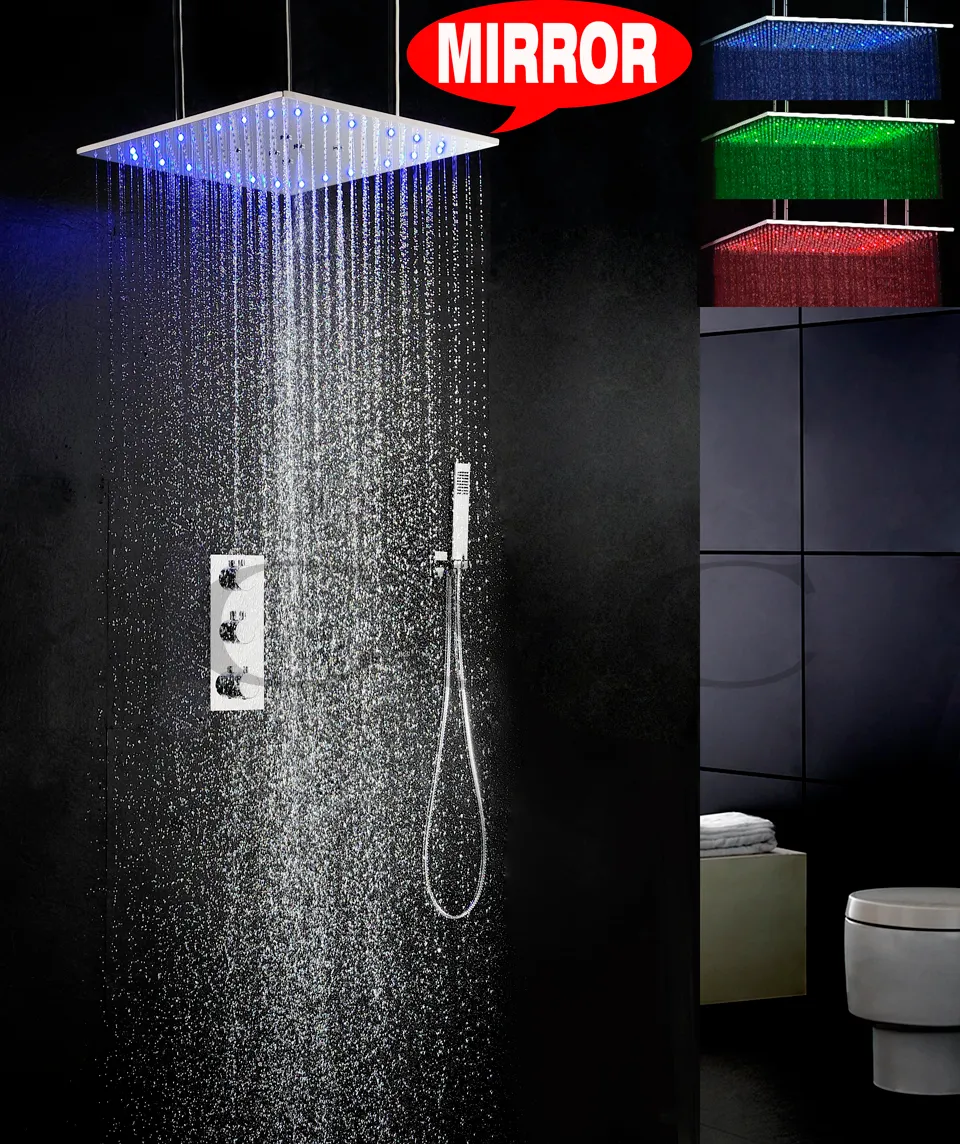 Thermostatische badkamer bad douchekraan set CEIL gemonteerd twee functies swash en regen 3 kleuren led douchekop 007-20qmil-f