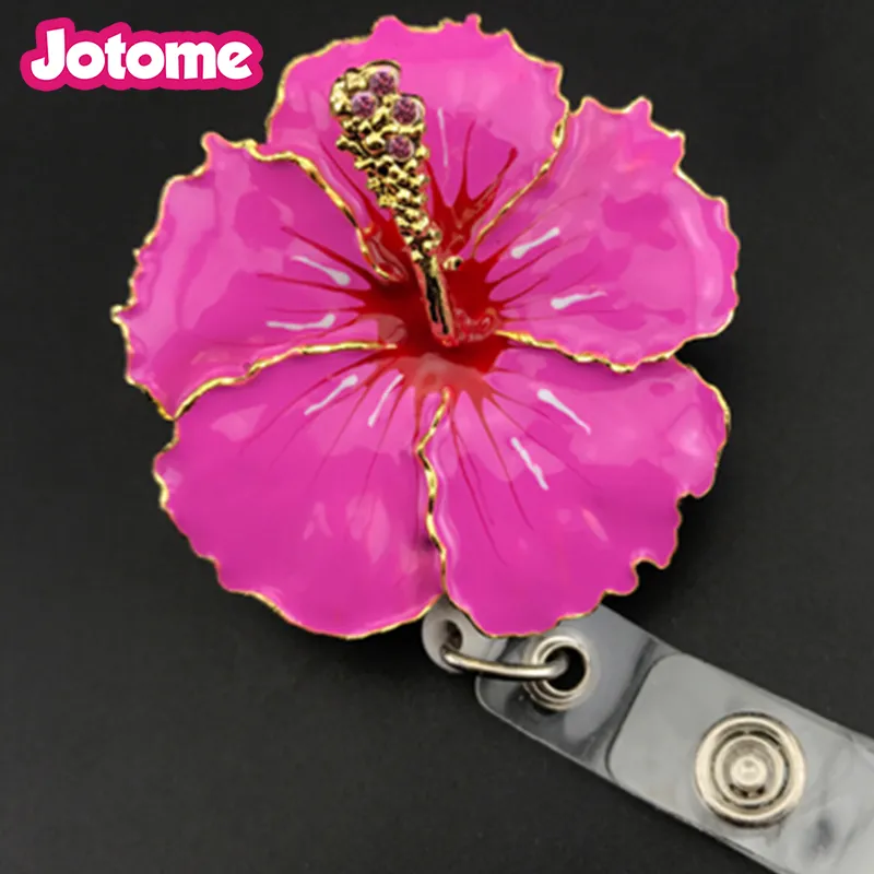 Portachiavi Nuovo arrivo Fashion Jewelry Smalto Hawaiian Hibiscus Flower ID Badge Reel Titolare della carta di nome