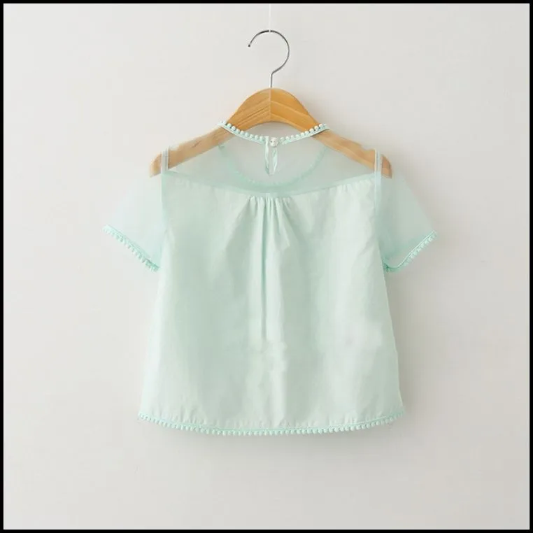 2015 Kızlar Moda Tatlı Dantel Çiçek T-shirt oymak çocuklar Perspektif bluz elbise kısa kollu pembe beyaz DHL ücretsiz ADEDI: 12 adet SVS0247 #