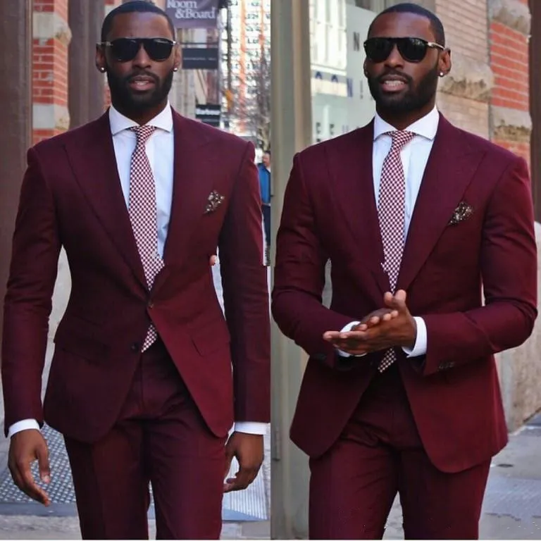 2019 Tuxedos bordeaux 2 pièces costumes de mariage pour hommes sur mesure de haute qualité dernières conceptions de pantalon de manteau