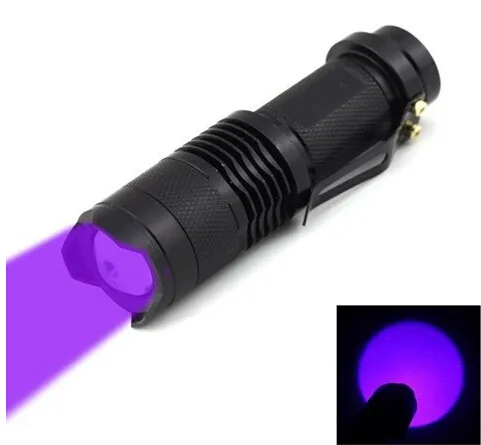 Gratis Eppacket, 2015 Ny UV 395nm Mini LED ficklampa Torch 7W 300LM Lila Färg Justerbar Fokus Zoom Lampan