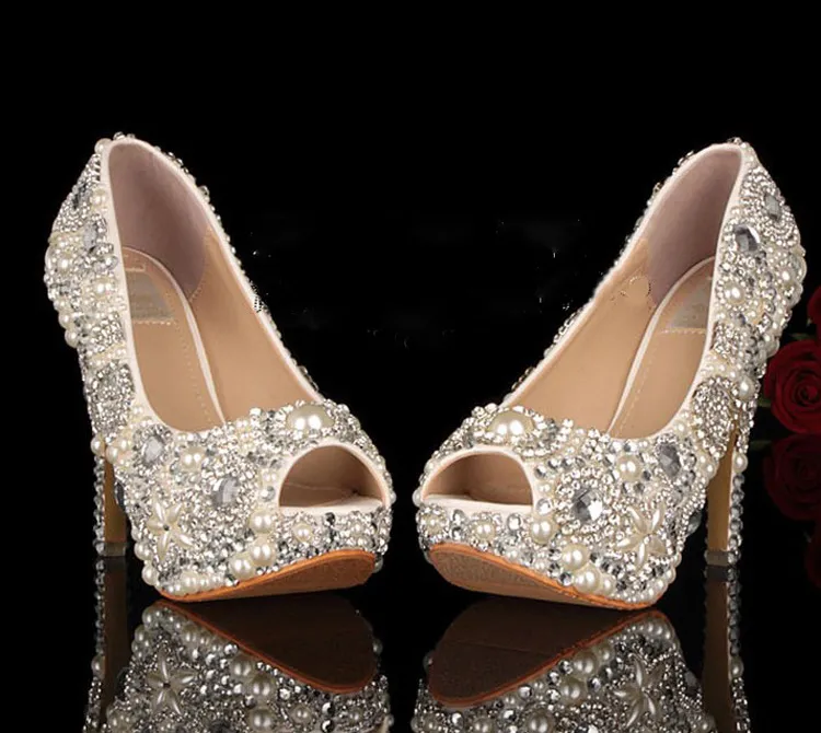 Unique Ivory Pearl Rhinestone Wedding dress Shoes Peep Toe High Heeled Bridal Shoes Waterproof Woman Party Prom Shoes Platforms Banquet