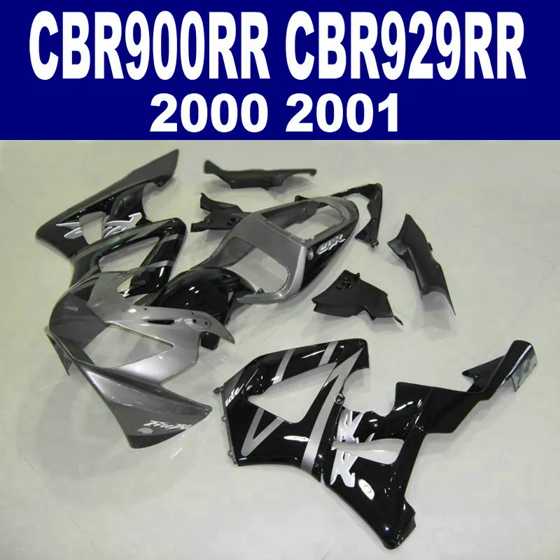 Pièces de rayonnages routiers pour kit de carénage HONDA CBR900RR CBR929 2000 2001 argent noir CBR 929 RR CBR929RR jeu de carénages HB16