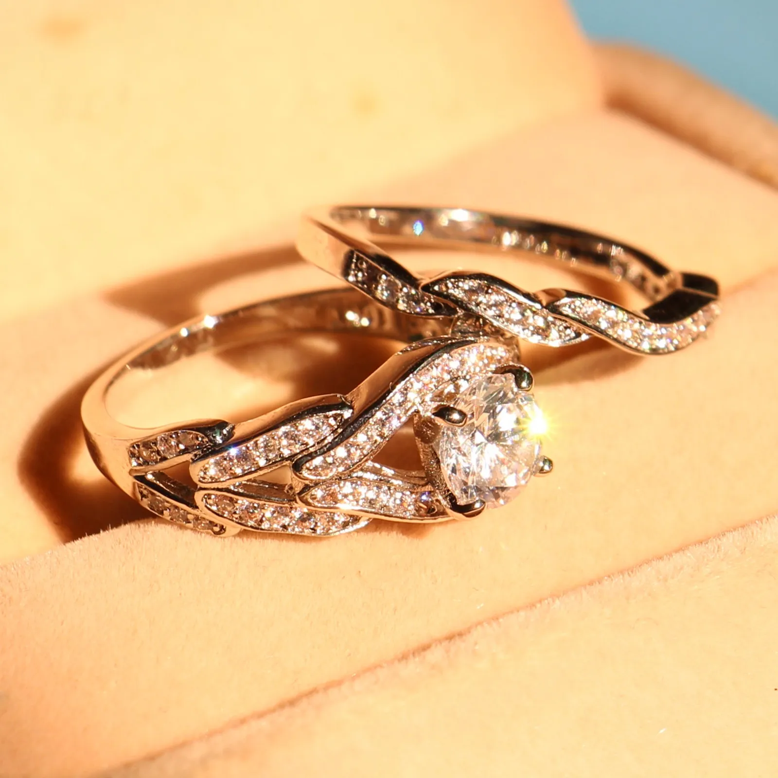 wholesale Genuine 2ct Topaz Diamonique Cz 10KT White Gold Filled Gf Simulated Diamond Engagement Wedding Ring Set Sz 5-11