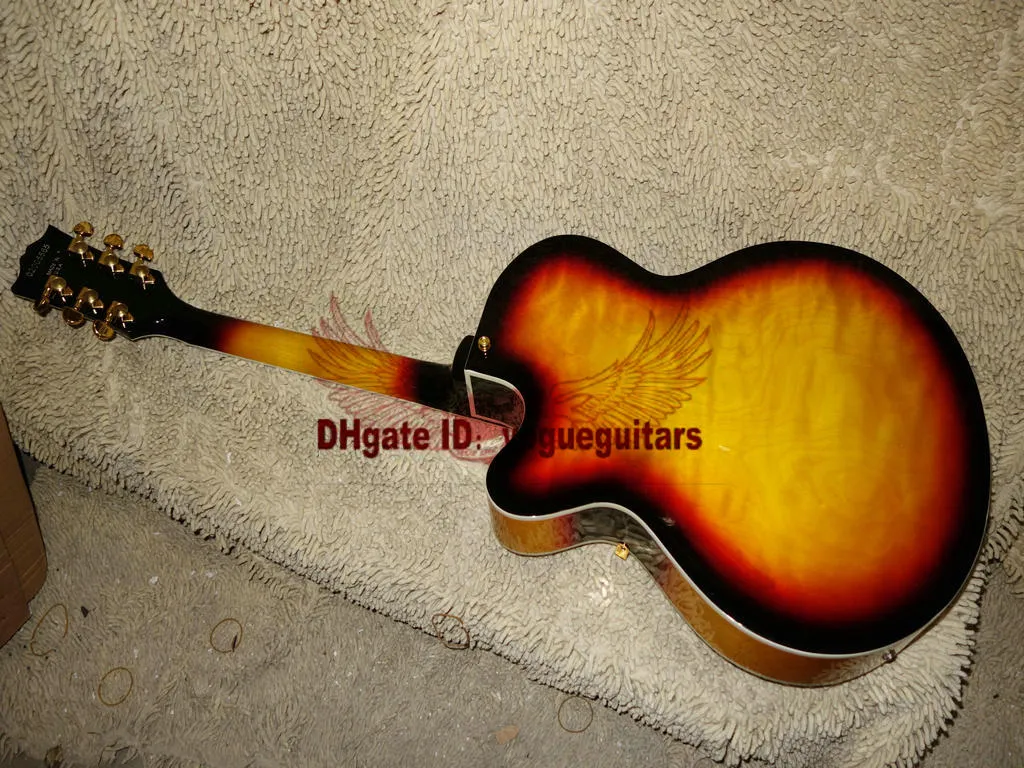 LNewest guitare personnalisée Sunburst 3 Pickups guitare Jazz creuse matériel en or guitares en gros chaudes