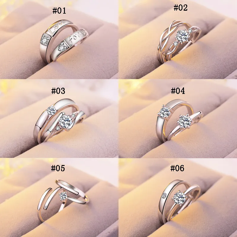 12 stijlen luxe sterling zilveren trouwringen vrouwen en mannen engagement cz edelsteen open ringen voor paar belofte mode-sieraden