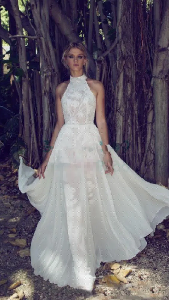 Boho Halter Neck Lace A Line Wedding Dress - Country Country Gown