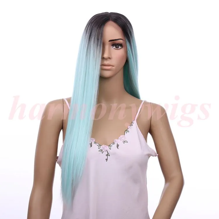 Parrucche capelli Parrucche frontali in pizzo ombre cioccolato Nero Verde menta 20 pollici Capelli lunghi lisci donna