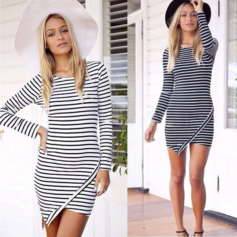 New Fashion Slim Hip Bodycon Dresses Casual Women Work Wear Strip Dress Plus Size