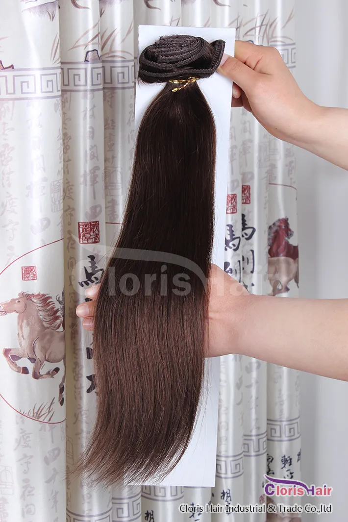 Hurtownie # 4 Dark Brown Clip In On Natural Human Hair Extensions Full Head 70g 100g 120g Peruvian Remy Proste splot klipsy 14-22 