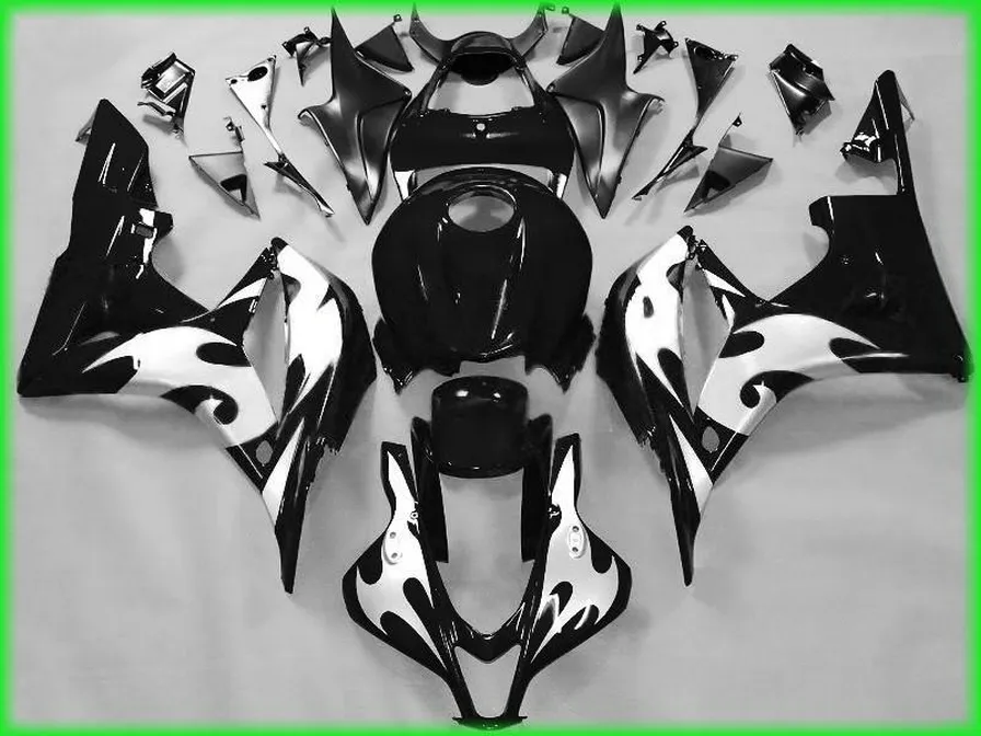 Specialdesigna Motorcykel Fairing Kit för Honda Injection Golding CBR600RR 2007 2008 Feedningar CBR 600RR F5 07 08 Silver Flames Black Set KQ94